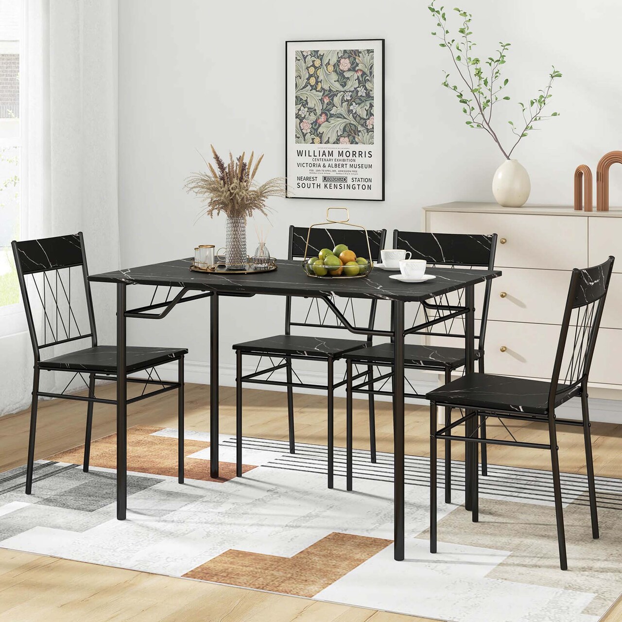 Costway 5PCS Dining Table Set for 4 Rectangular Kitchen Table & 4 Chairs with Metal Frame Cement Gray/Black